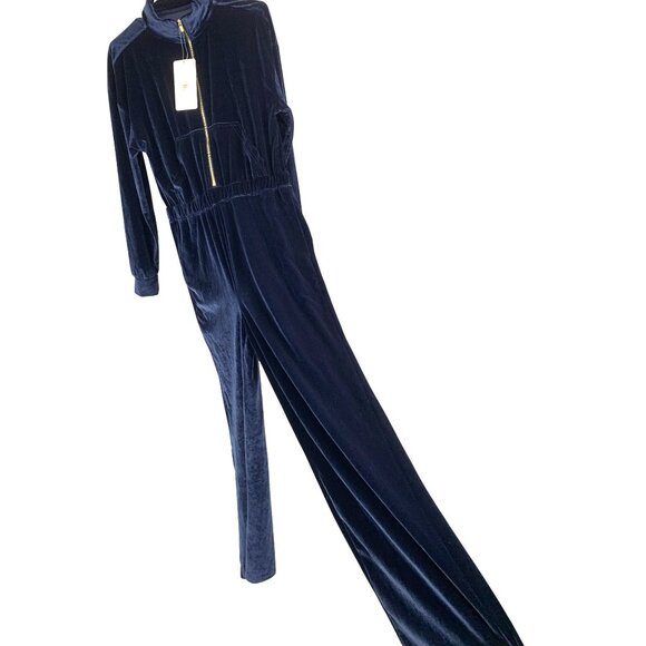 Fabletics Velour Zip-Up Wide Leg Onesie L Navy Jumpsuit RGG10698 NWT Mock Neck - Picture 1 of 13